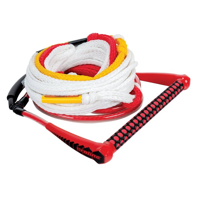 Coiled red, white, and yellow Easy-Up Package with 5 Sections tow rope featuring a textured handle and floating grip.