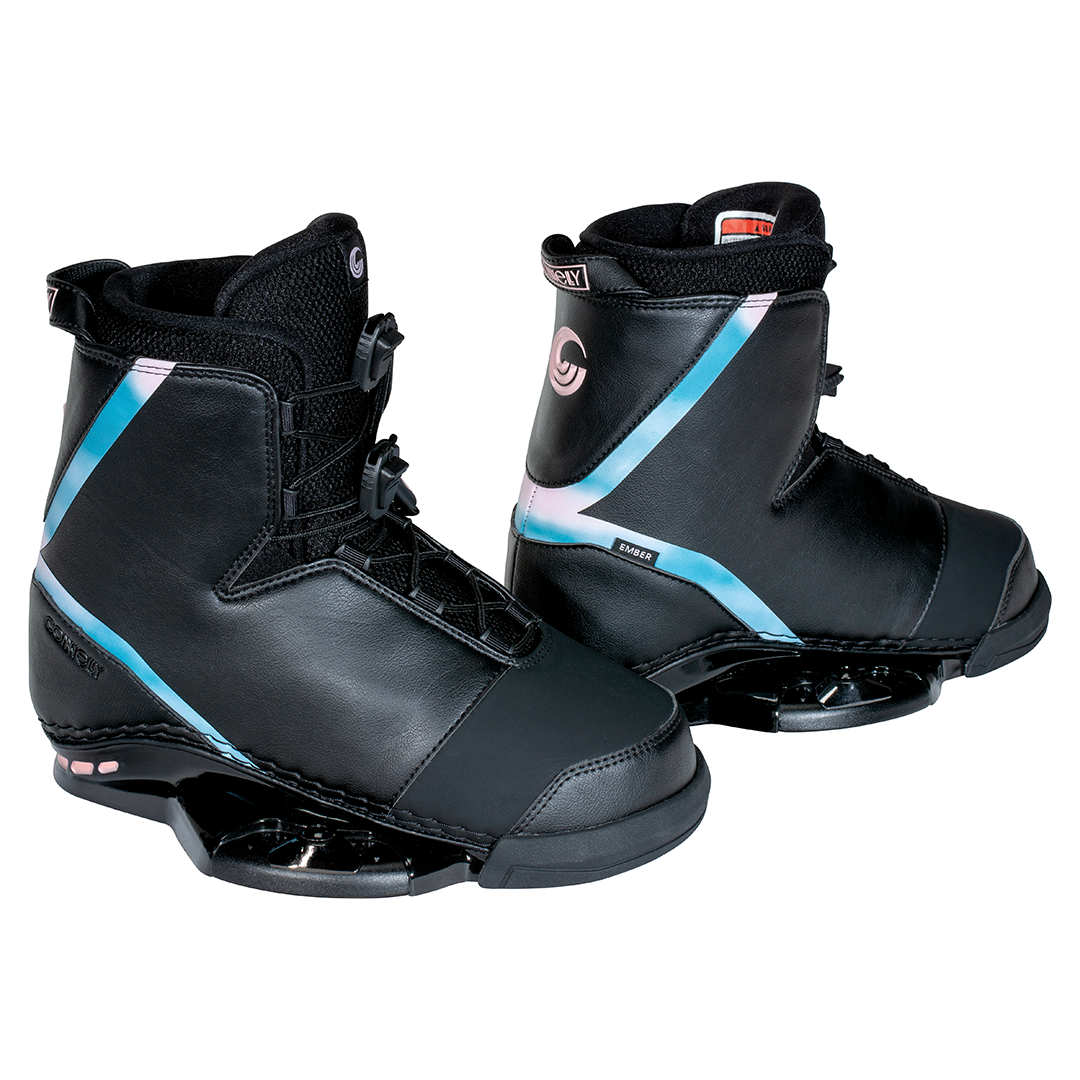 2022 Ember wakeboard bindings in black with iridescent blue accents, with a supportive high-top design and dual lace system.