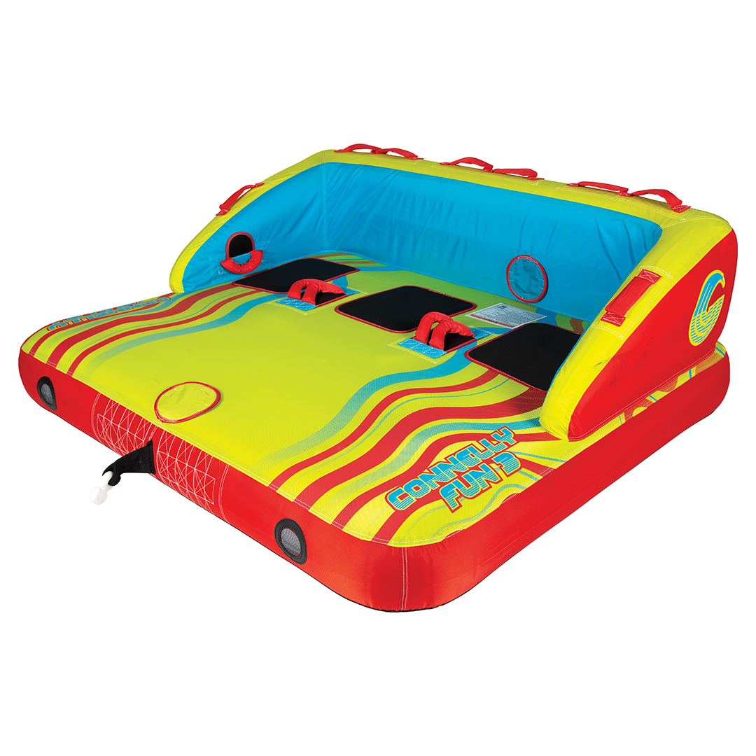 Fun 3 towable tube featuring a bright yellow, red, and blue design with backrests, multiple handles, and seating area.