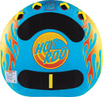 Top view of the Hot Rod towable tube featuring a bold flame design, black grip pads, and a centered "Hot Rod" logo.