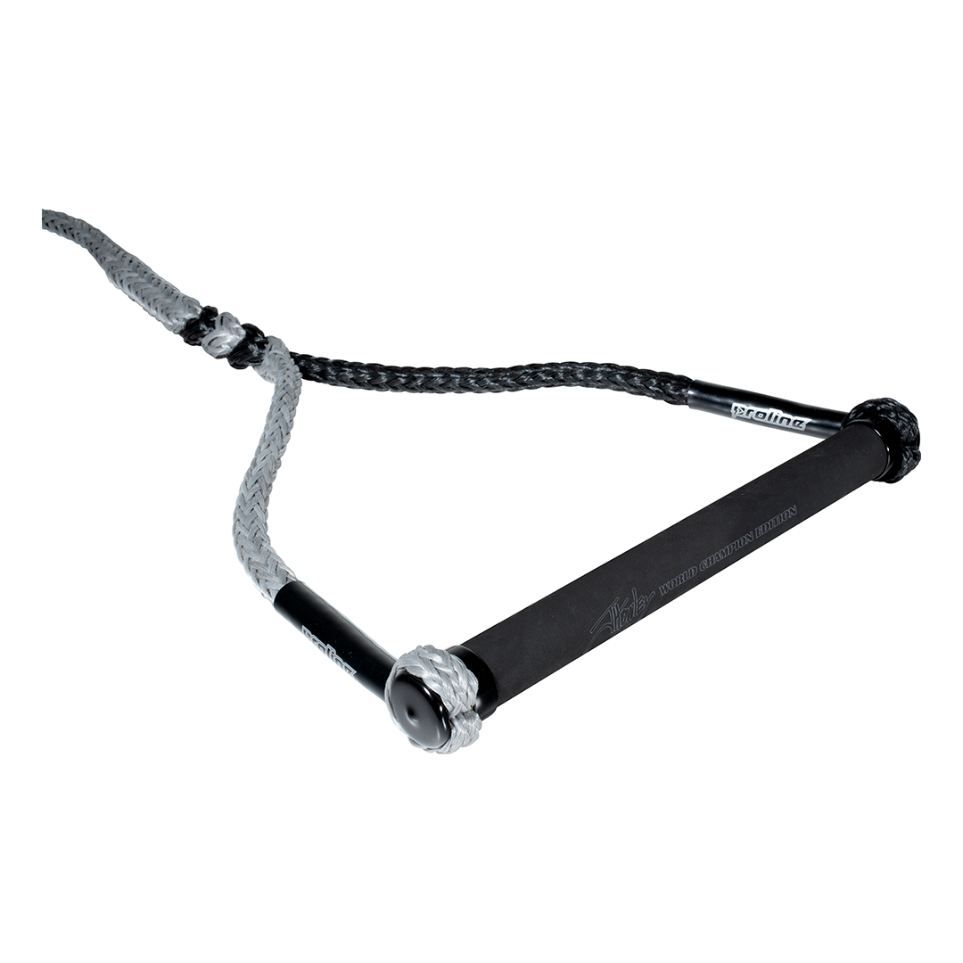 JH Pro waterski handle with a black grip, gray and black braided rope, and reinforced end caps.