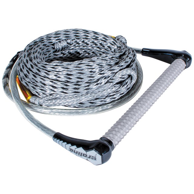 Coiled grey and black Launch rope with a textured grey handle and black end caps, built for watersports towing.