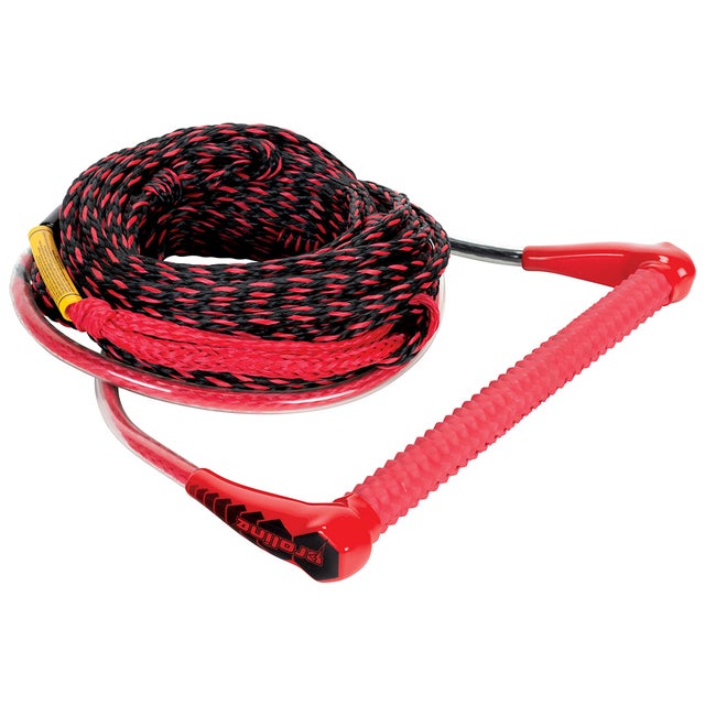 Coiled red and black Launch rope with a textured red handle and black end caps, designed for watersports towing.