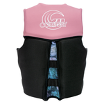 Back of the Lotus 2024 life vest, featuring a pink upper section, black lower body, and floral accent strip down the center.