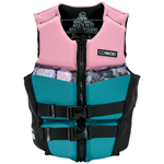 Front of the Lotus 2024 life vest, with a pink top, floral chest panel, teal lower section, black straps, and a zip closure.