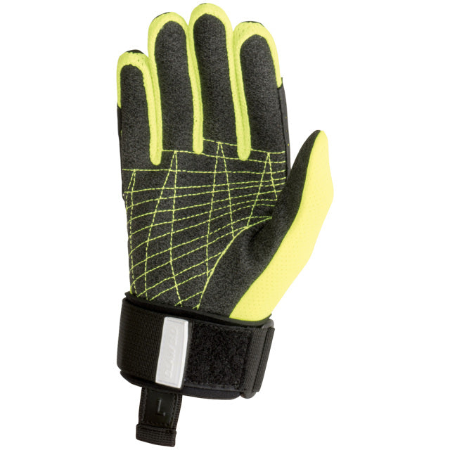 Back view of the Men's Claw 3.0 Glove in black and neon yellow, featuring a textured palm, yellow stitching, and wrist strap.