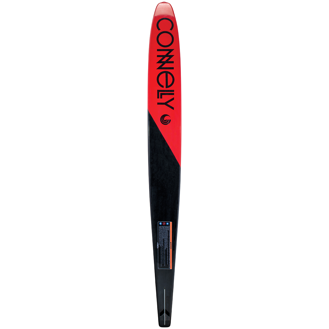 Base view of the 2022 Men's Concept waterski featuring deep concave channels, a glossy red and black finish, and logo.