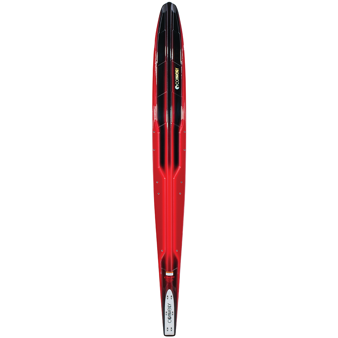 Top view of the 2022 Men's Concept waterski with a red and black design, bold Connelly logo, and sleek tapered shape.