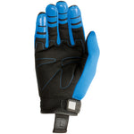 Back view of the Men's Promo Glove in black and blue, featuring a textured palm, glossy blue fingertips, and wrist strap.