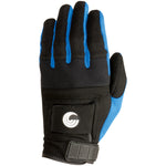 Front view of the Men's Promo Glove in black and blue with a ribbed top, reinforced fingers, wrist strap, and logo patch.