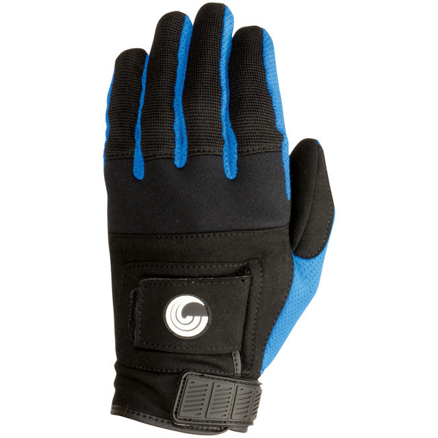 Front view of the Men's Promo Glove in black and blue with a ribbed top, reinforced fingers, wrist strap, and logo patch.