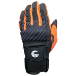 Backhand view of the Connelly Tournament Glove, featuring black fabric, orange accents, reinforced knuckles, and logo patch.