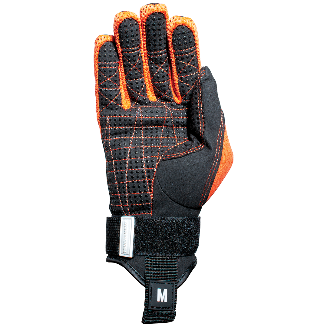 Palm view of the Connelly Tournament Glove, with black grip texture, orange stitching, and an adjustable Velcro strap.