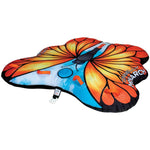 Angled side view of the Monarch towable tube, shaped like a butterfly with orange wings, black details, and blue sky accents.