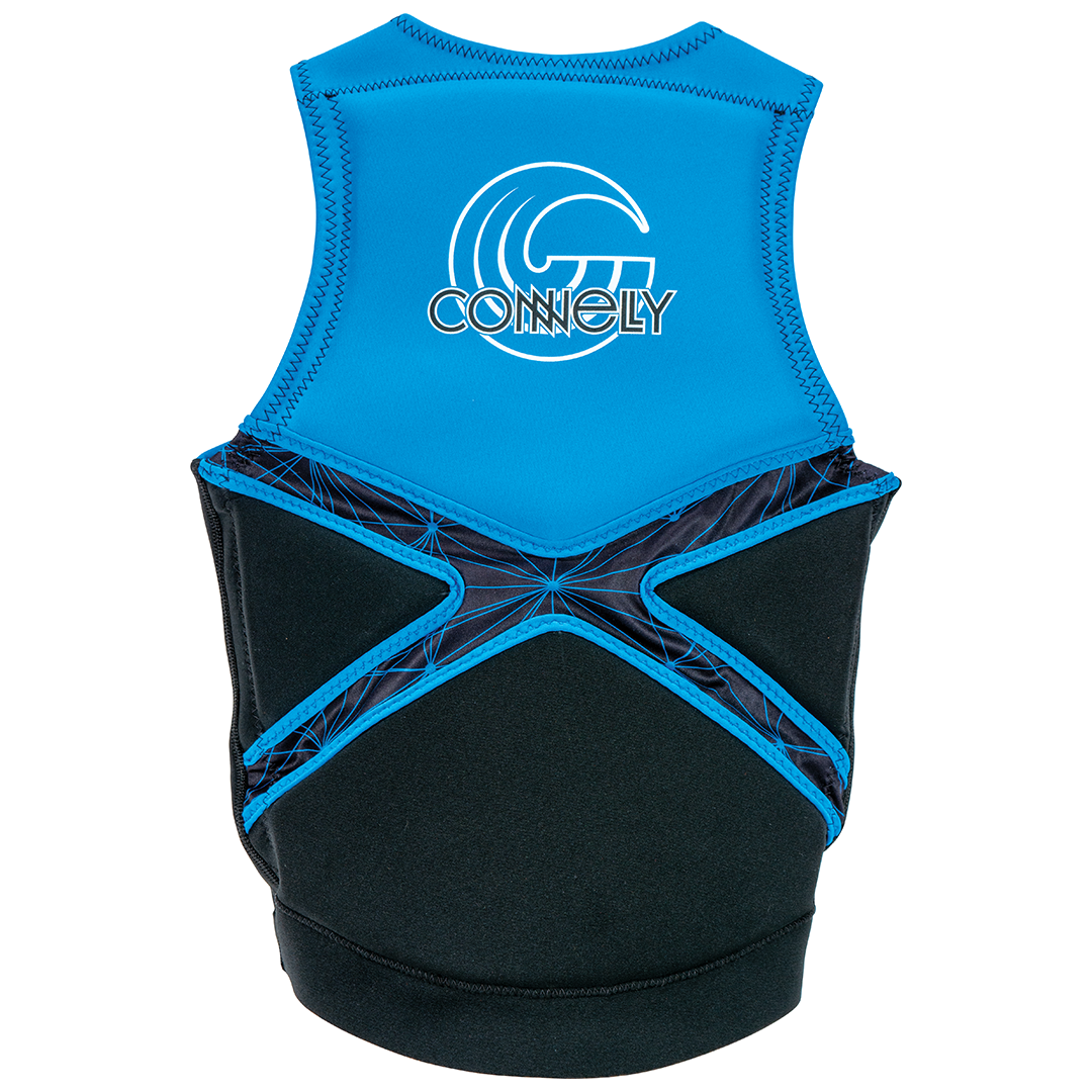 Back view of the Connelly Reverb Neo Vest in blue and black, showcasing a geometric panel design and Connelly logo.