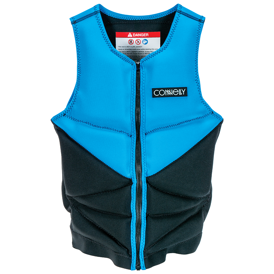 Connelly Reverb Neo Vest in blue and black, featuring a front zipper closure and segmented foam panels for flexibility.