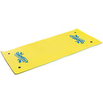 Angled view of the 12'x6' Party Cove Island, a yellow floating mat with blue branding and four black anchor points.