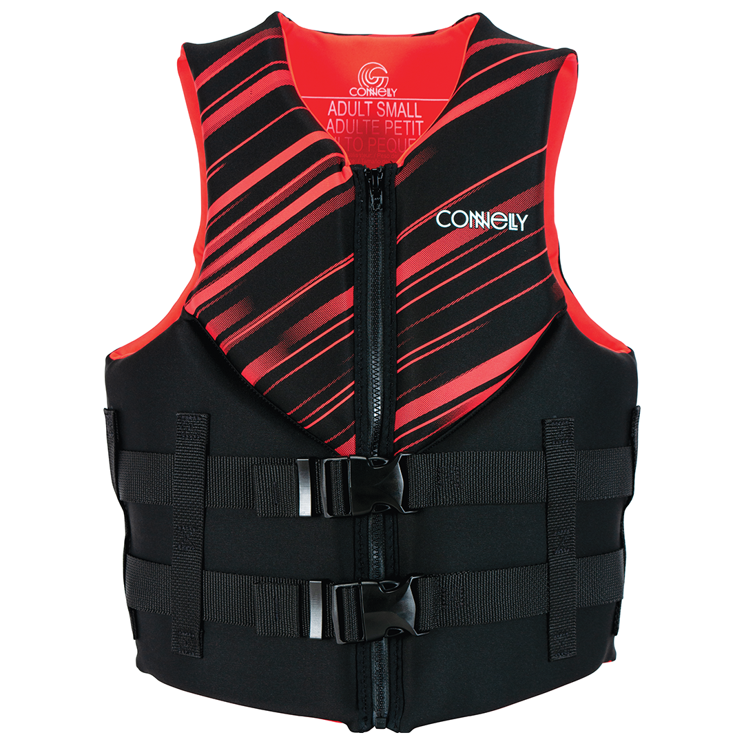 Front view of the Women's Promo Neo vest in flame with black and red diagonal accents and dual buckle straps.