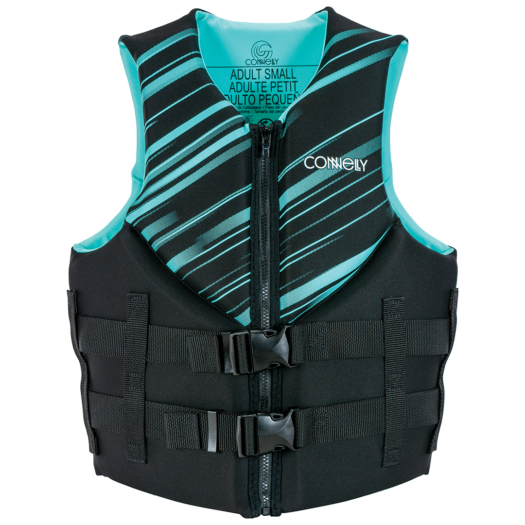 Front view of the Women's Promo Neo vest in mint with black and teal diagonal accents and dual buckle straps.