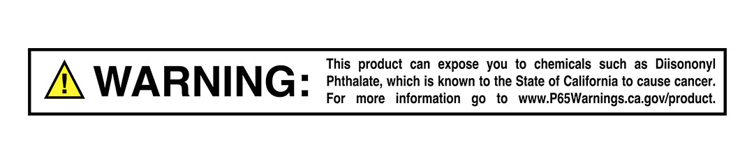 A black and white Prop 65 warning label stating that the product contains chemicals known to cause cancer.