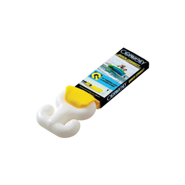 Angled view of the Quick Connector, a white plastic hook with yellow strap, designed for fast and secure tow rope attachment.