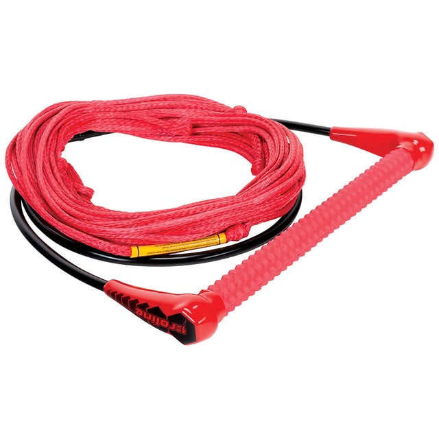 Solid red tow rope with a textured red handle, black grip section, and black-coated connecting line.