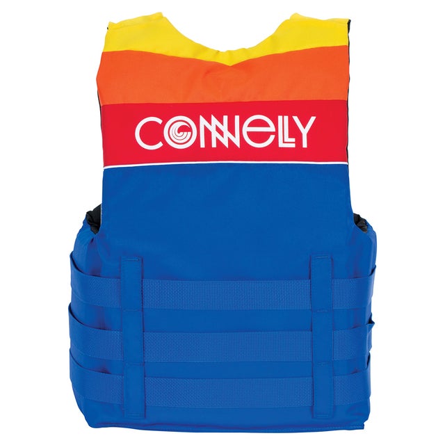 Back view of blue Retro Nylon life vest featuring a red, orange, and yellow upper section with a bold white logo on the back.