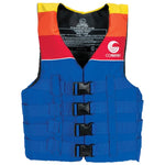 Front of blue Retro Nylon life vest with red, orange, and yellow color blocking, adjustable black buckles, and white logo.