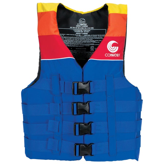 Front of blue Retro Nylon life vest with red, orange, and yellow color blocking, adjustable black buckles, and white logo.