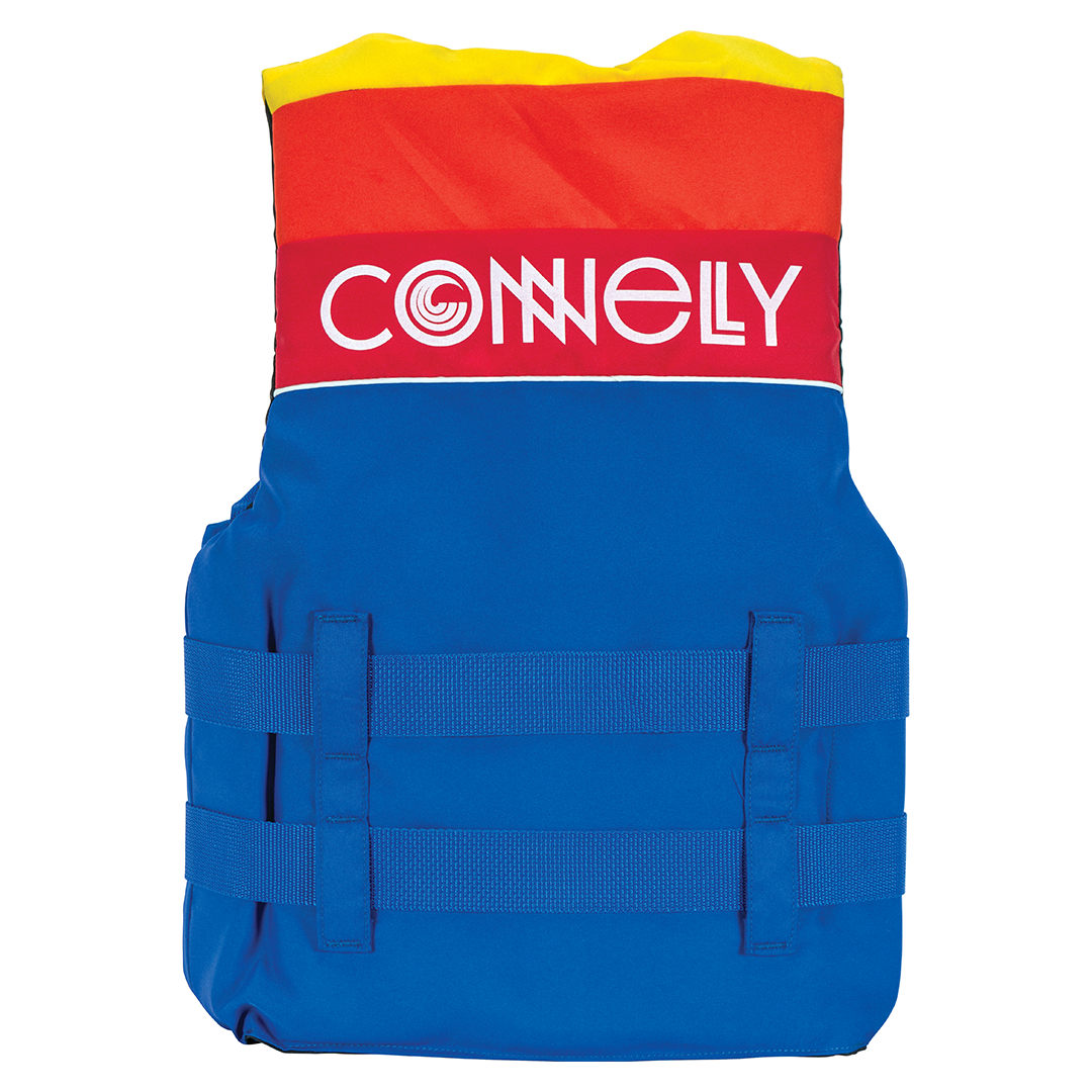 Back view of Junior Retro Nylon vest with blue, red, and yellow design, bold white logo, and adjustable side straps.