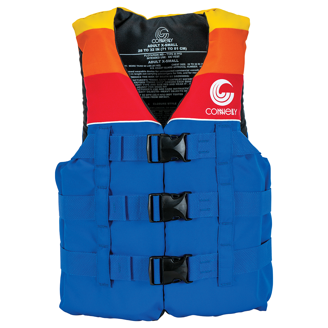 Front view of Junior Retro Nylon vest with blue, red, and yellow design, zippered front, and three black buckle straps.