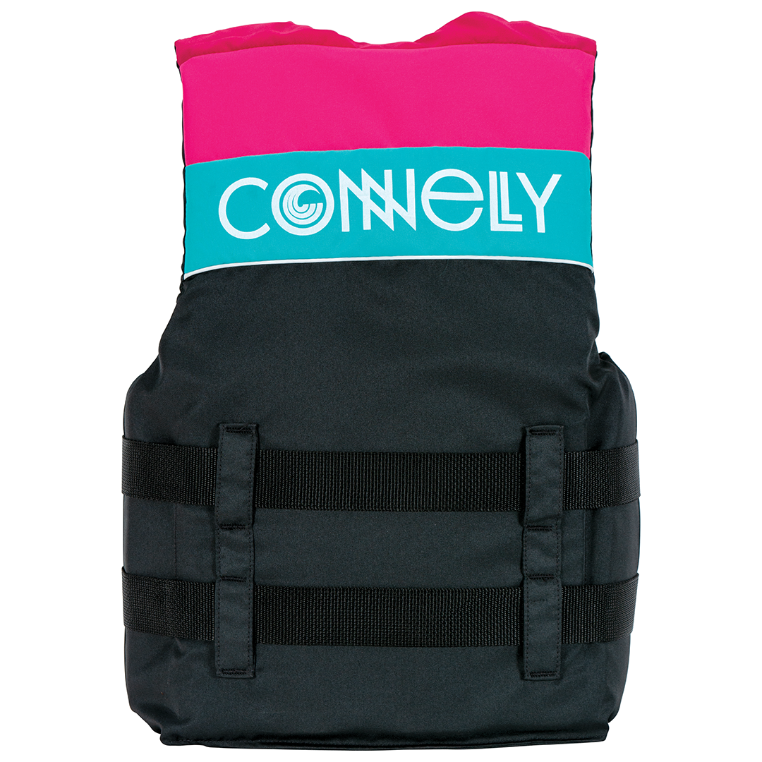 Back view of Junior Retro Nylon vest with black, pink, and teal design, white logo, and adjustable side straps.