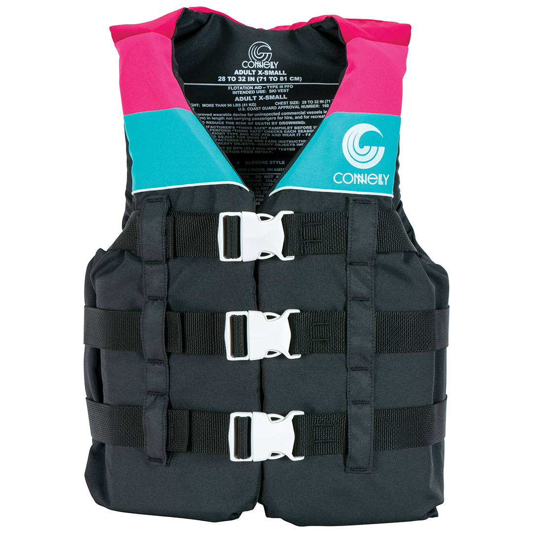 Front view of Junior Retro Nylon vest with black, pink, and teal design, zippered front, and three white buckle straps.