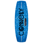 Base view of the Connelly Reverb 131 wakeboard, with a blue and white geometric design and back Connelly Logo.