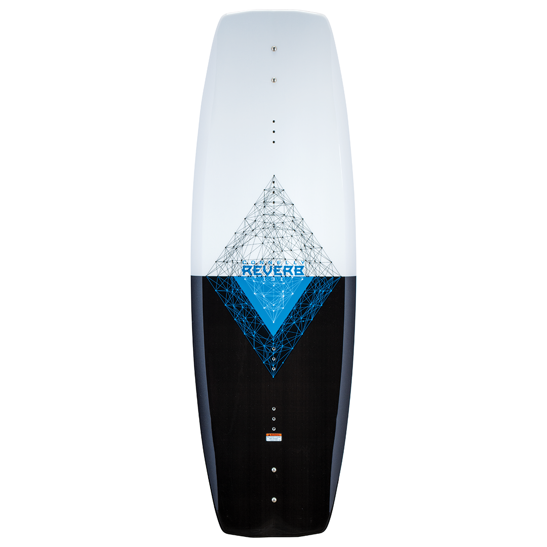 Top view of the Connelly Reverb 131 wakeboard, with a blue digital-style grid design and prominent Connelly branding.