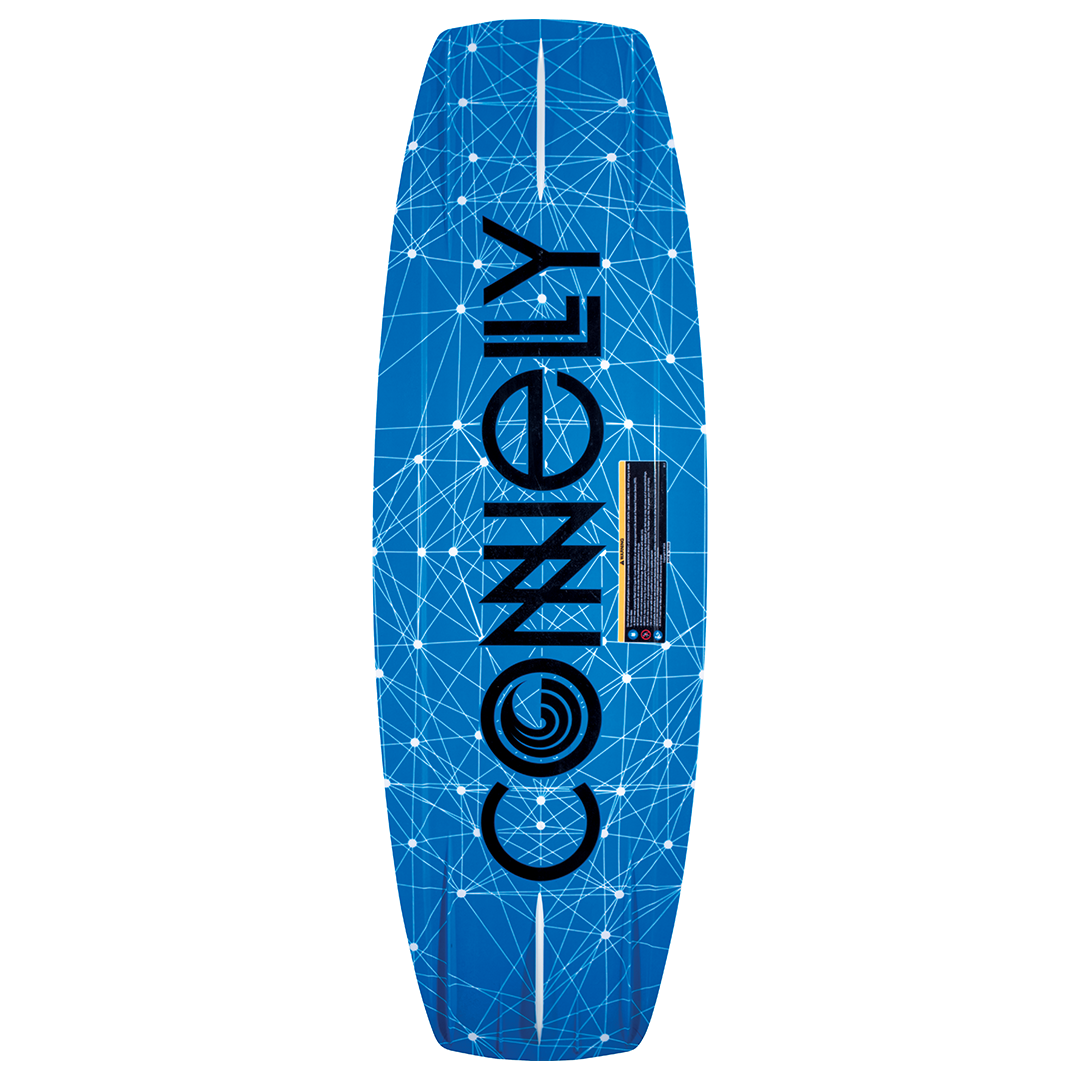 Base view of the Connelly Reverb 136 wakeboard, with a blue and white geometric design and back Connelly Logo.