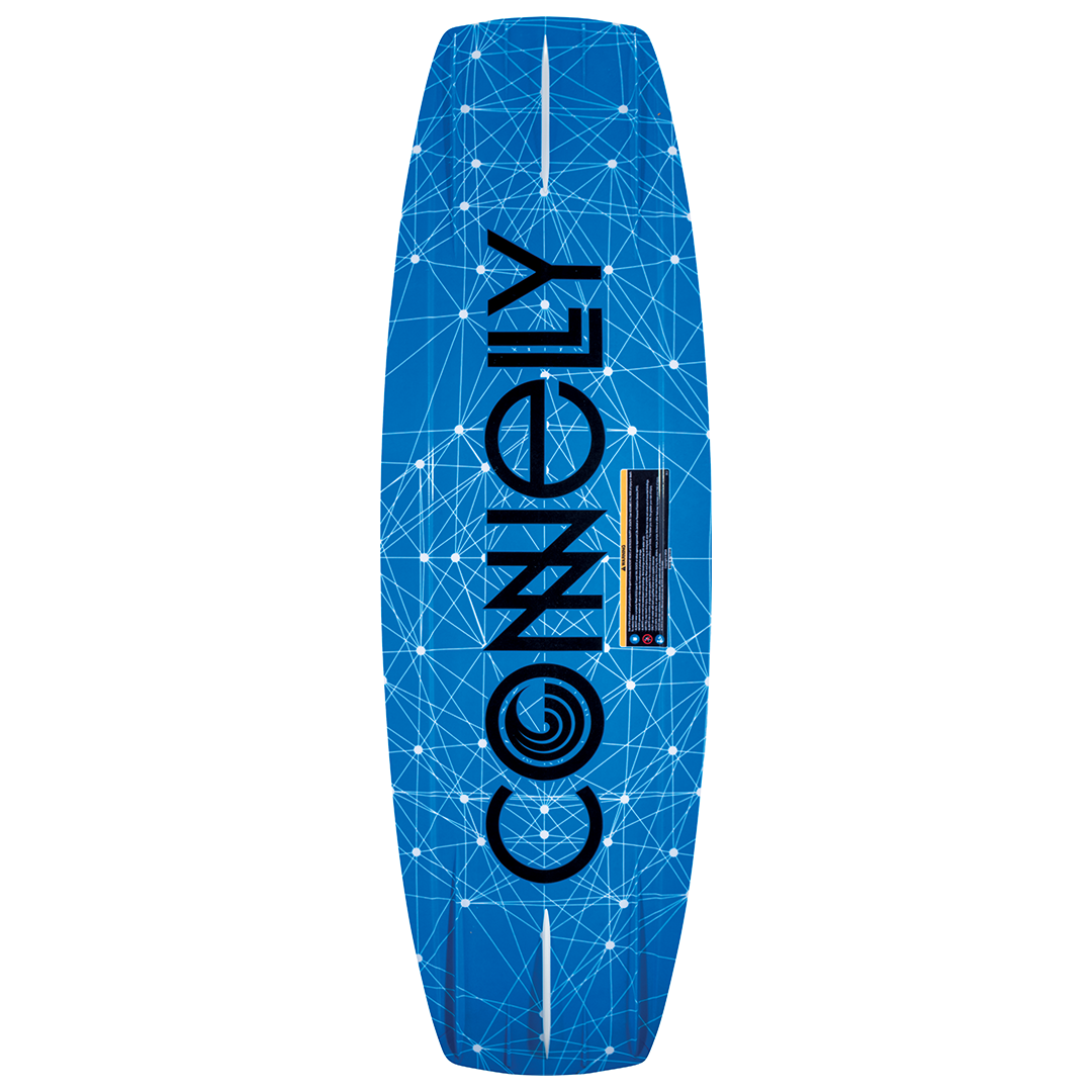 Base view of the Connelly Reverb 141 wakeboard, with a blue and white geometric design and back Connelly Logo.