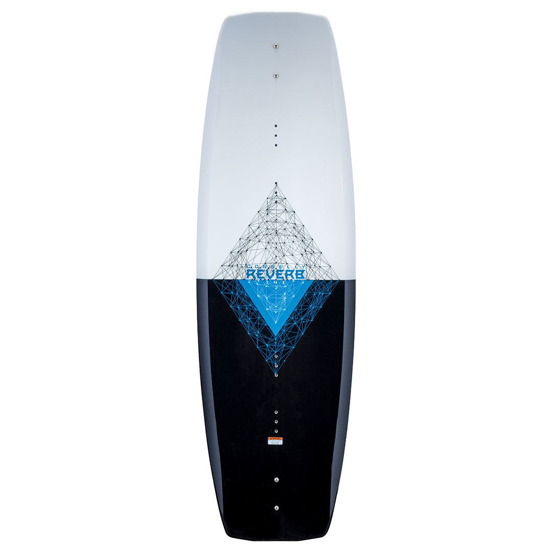 Top view of the Connelly Reverb 141 wakeboard, featuring a blue geometric design with the Connelly logo in bold lettering.