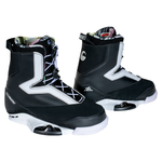 Connelly SL wakeboard boots in black and white, featuring a high ankle design, secure lacing system, and reinforced panels.