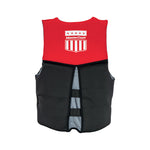 Back view of the Adult MC Neo Vest in red and black with a white logo and stretch panel for a secure fit.