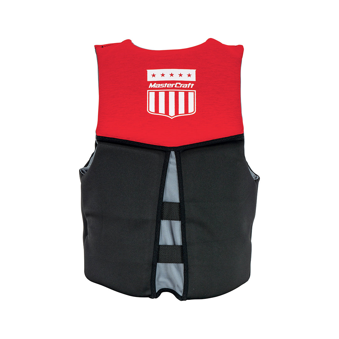 Back view of the Adult MC Neo Vest in red and black with a white logo and stretch panel for a secure fit.