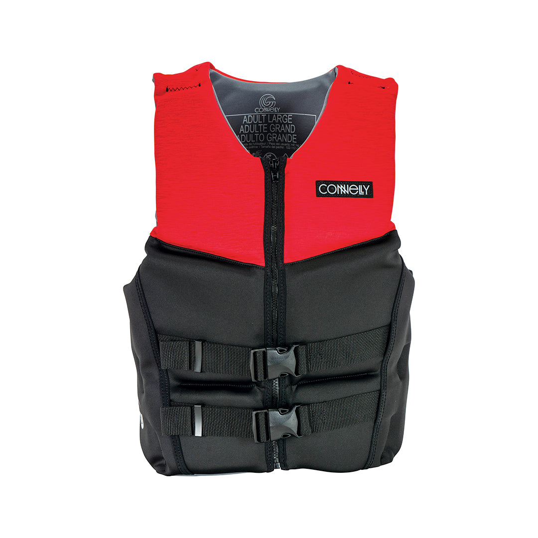 Front view of the Connelly Adult MC Neo Vest in red and black with a zip closure, dual buckles, and chest branding.