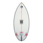 Bottom view of the MC Benz 4'4" wakesurf board, featuring a white base with black trim, center stringer, and twin red fins.