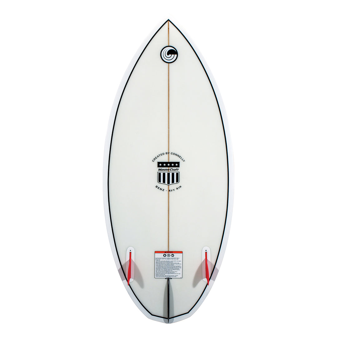 Bottom view of the MC Benz 4'4" wakesurf board, featuring a white base with black trim, center stringer, and twin red fins.