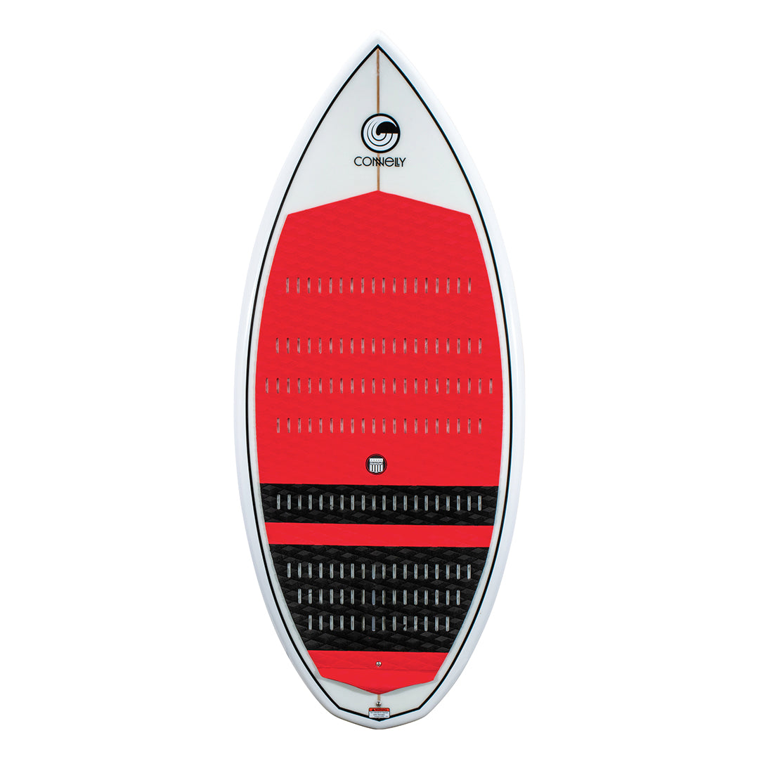 Top view of the MC Benz 4'4" wakesurfer, showing a red and black traction pad with a white nose and black Connelly branding.