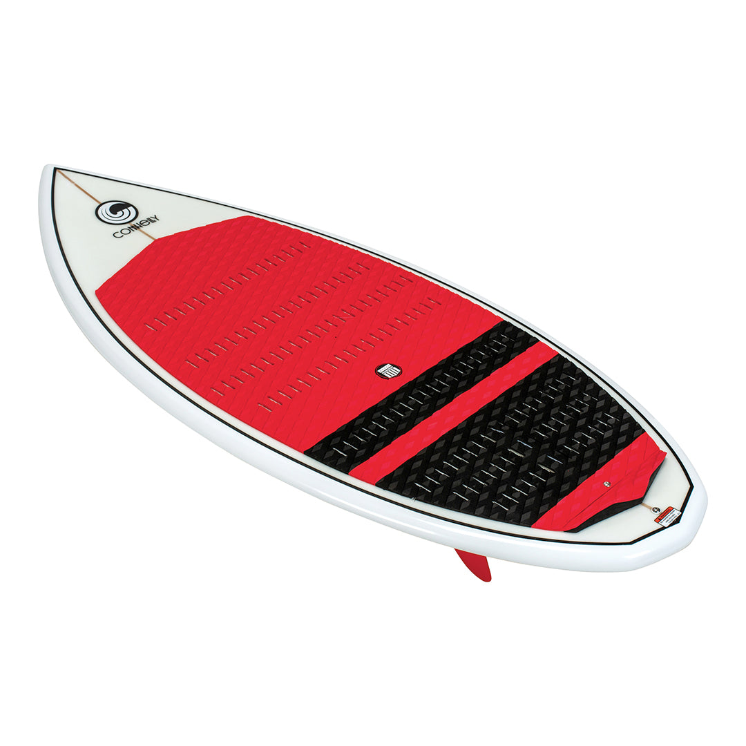 Angled top view of the MC Benz 4'4" wakesurf board, showcasing a red traction pad with black accents on a white deck.