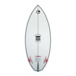 Bottom view of the MC Benz 4'8" wakesurf board, with a white base, black trim, center stringer, and twin red fins.