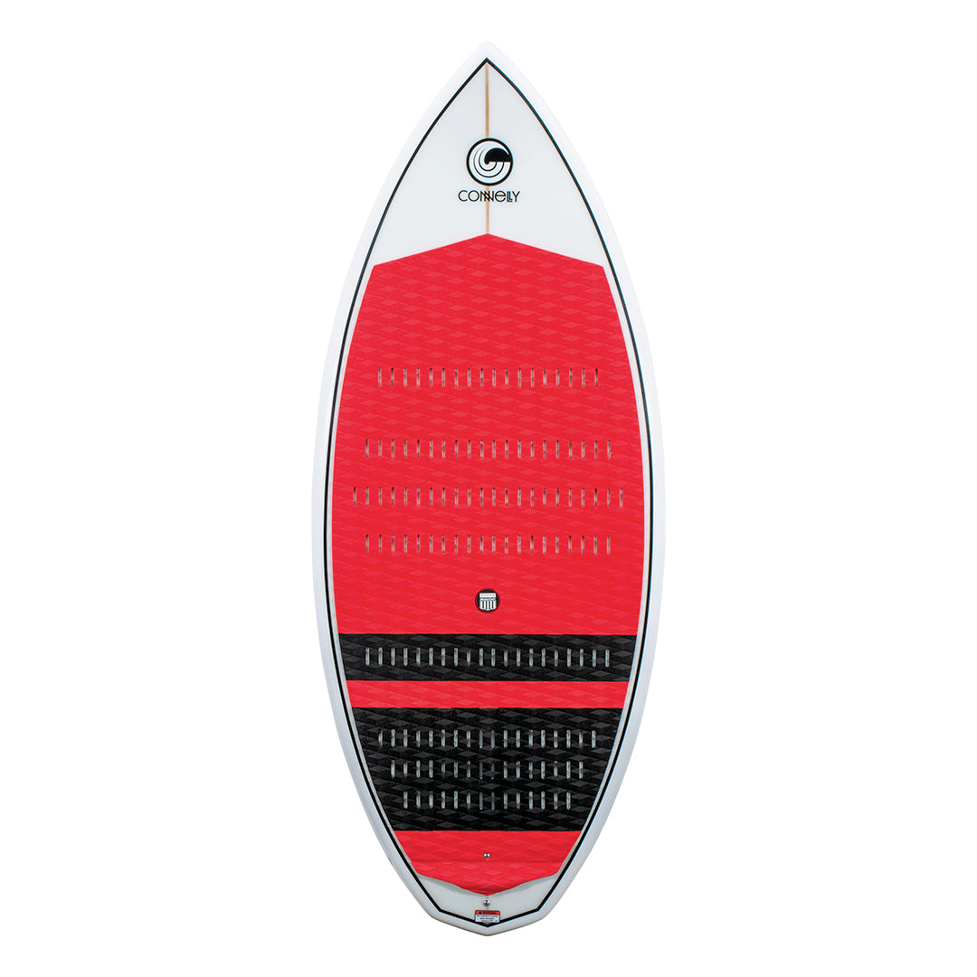 Top view of the MC Benz 4'8" wakesurfer, displaying a red textured traction pad with black grip sections and a white nose.