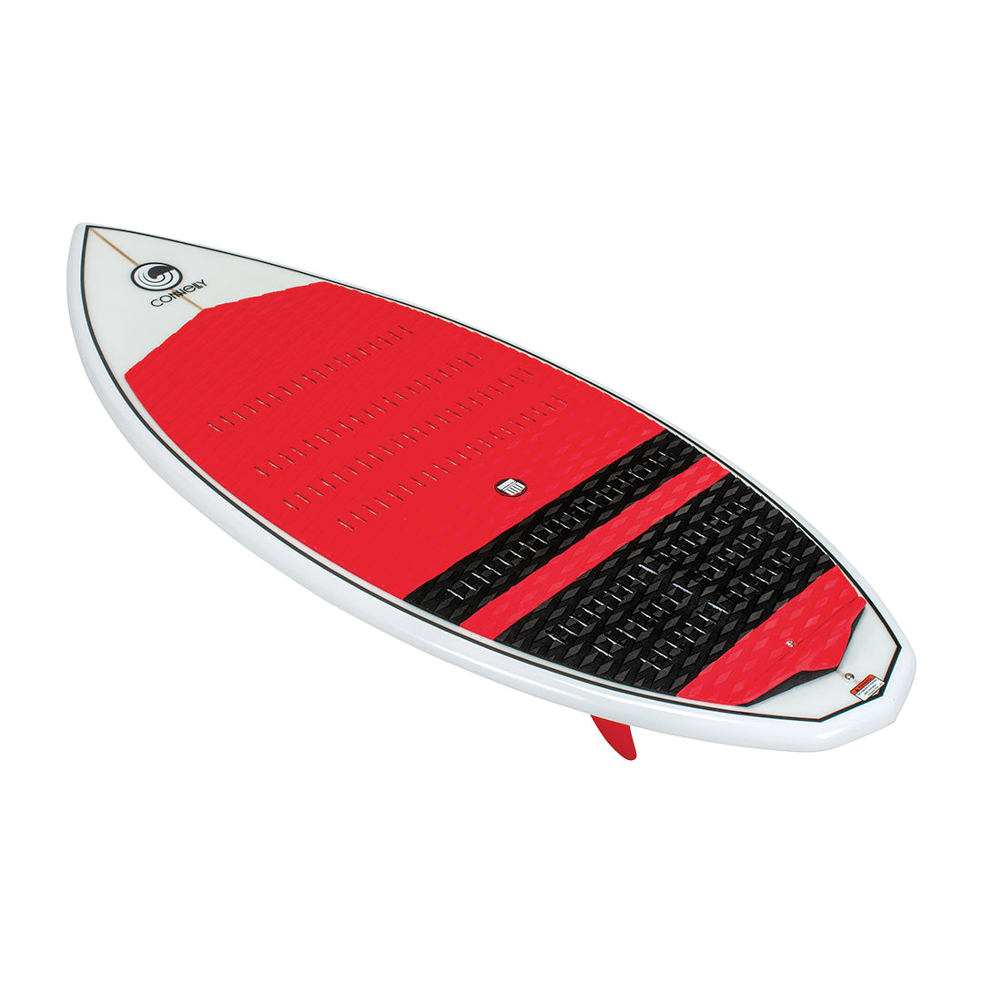 Angled top view of the MC Benz 4'8" wakesurfer, featuring a red and black traction pad on a white deck with a pointed nose.