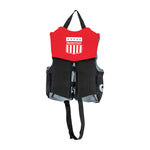 Back view of the Child MC Neo life vest in red and black, with a MasterCraft logo, grab handle, and black safety strap.